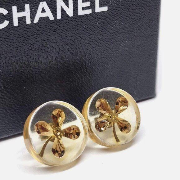 Chanel Earrings CC Logo Clover Clear Crystal Four Leaf Authentic - Picture 4 of 4